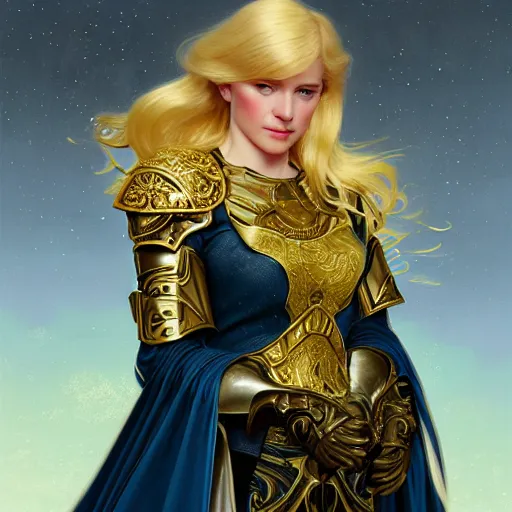 Image similar to of Alice Zuberg, young woman with blonde hair and bangs wearing a golden ornate paladin armor with a blue cloak, dark fantasy, medium shot, intricate, elegant, highly detailed, digital painting, volumetric light, artstation, concept art, smooth, sharp focus, illustration, art by Gil Elvgren and Greg Rutkowski and Alphonse Mucha