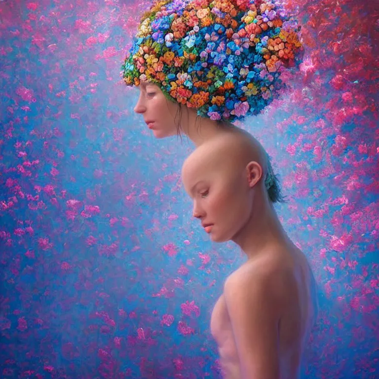 Prompt: a beautiful oil painting hyperrealism of a beautiful woman, flowers, floral headdress, 8 k resolution, octane render, trending on artstation, by gediminas pranckevicius, volumetric light 2 blue fractal thunder glow by dan mumford, anaglyph effect, laurie lipton