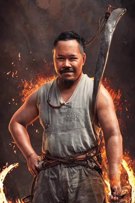 Image similar to full character concept art of doug marcaida from history channel's forged in fire, holding a kampilan, dense jungle, forge, fire and sparks, it will keall!!, detailed, high quality, dynamic lighting, dark fantasy. artwork by artgerm, wlop, alex ross, greg rutknowski, alphonse mucha