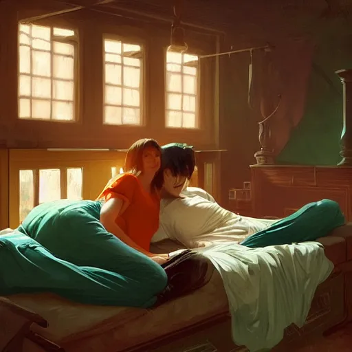 Image similar to young man in orange shirt and a girl in green shirt sleeping in bed close to guinness bottles highly detailed, digital painting, artstation, concept art, smooth, sharp focus, illustration, art by artgerm and greg rutkowski and alphonse mucha