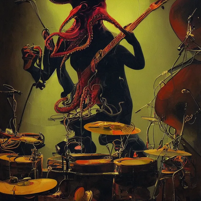 Image similar to a beautiful painting by etam cru of an octopus playing drums and telecaster guitar in an electronic concert, dark background, concert light, dark mood, warm lights