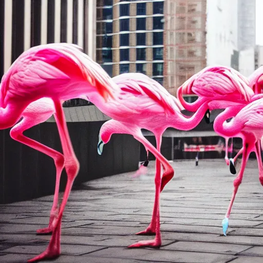 Prompt: photo of a giant flamingo attacking a city with crowd running away
