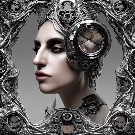 Image similar to mythical dreamy black and white organic bio - mechanical spinal ribbed profile face portrait detail of translucent steampunk beautiful lady gaga seraphim angelic - human - queen - vegetal - cyborg - red - haired, highly detailed, intricate crystal ivy jelly ornate, poetic, translucent roses ornate, 3 d render, digital art, octane render, 8 k artistic photography, photo - realistic, by dora maar