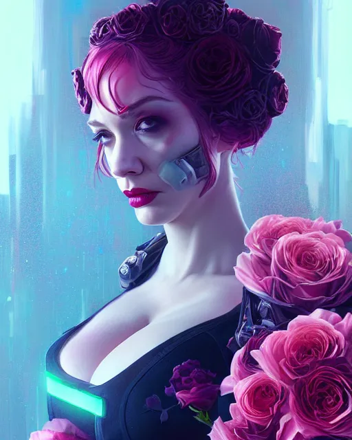 Image similar to portrait of christina hendricks with roses, cyberpunk cyborg. roses, sci - fi, intricate abstract upper body intricate artwork, by tooth wu, wlop, beeple, dan mumford. concept art, octane render, deviantart, greg rutkowski, cinematic arthouse, key art, hyper realism, iridescent accents