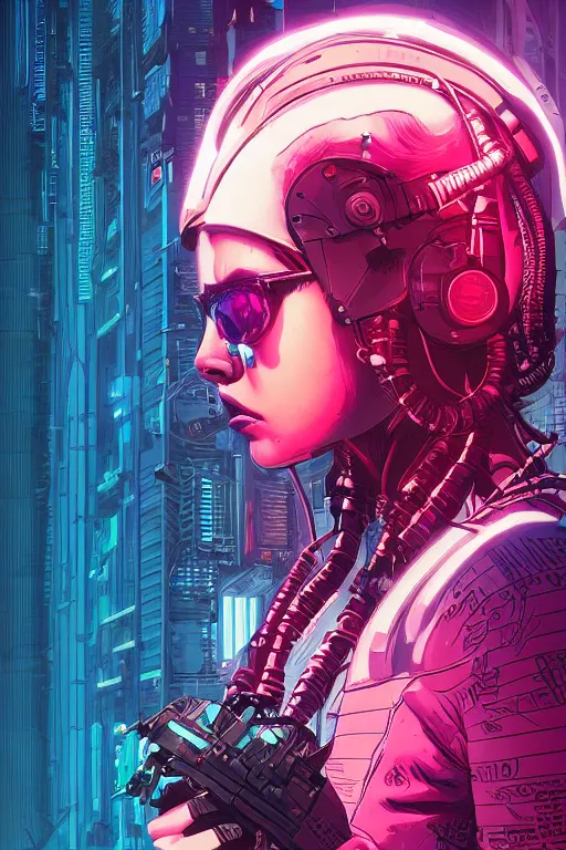 Image similar to portrait of a cyberpunk girl with a ribbed biomechanic parts and neon light, illustrated by Laurie Greasley and Michael Whelan and Igor Morski, crepy ambiance, highly detailed, trending on artstation