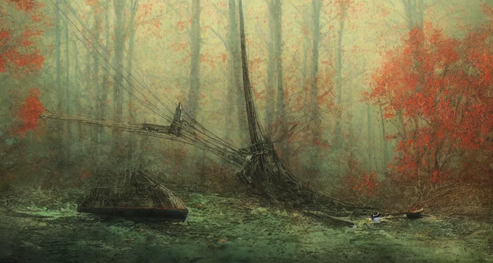 Image similar to an old broken sailing ship in an autumn forest, green and red tones, by Aron Wiesenfeld and beksincki, cinematic, detailed illustration, nature, fog, dark colors, suspense, intricate, 8k