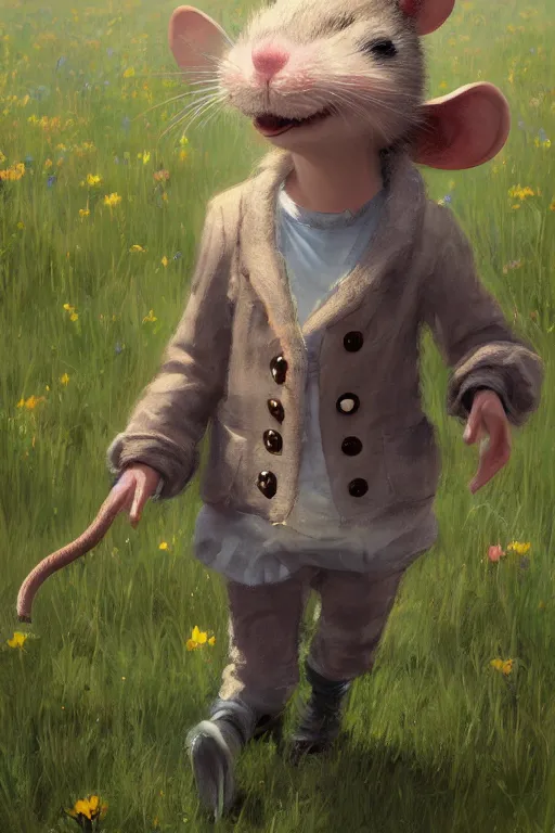 Prompt: a cute anthropomorphic rat girl wearing human clothes walking in a meadow, by craig mullins, detailed digital painting realism 8 k