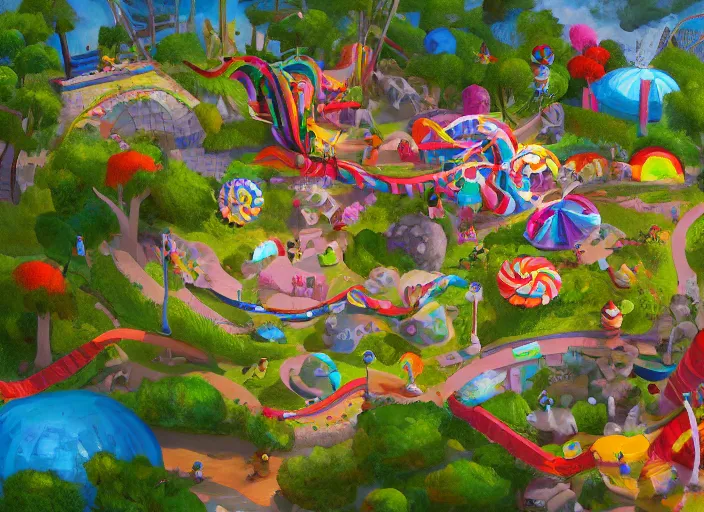 Image similar to level design for candy kids game, zoo park, top angle, oil painting by jama jurabaev, extremely detailed, brush hard, artstation, for aaa game, high quality, brush stroke