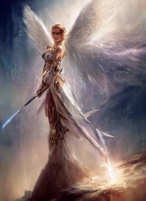 Image similar to concept art, angel knight girl. by artstation trending, by joseph mallord william turner, luis royo, konstantin razumov, cinematic lighting, fractal flame, highly detailed