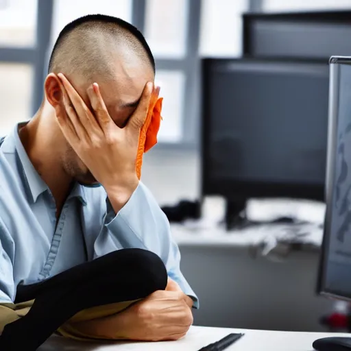 Image similar to a shaolin monk working in an office, stressed, programming, head in hands, professional environment, office photo