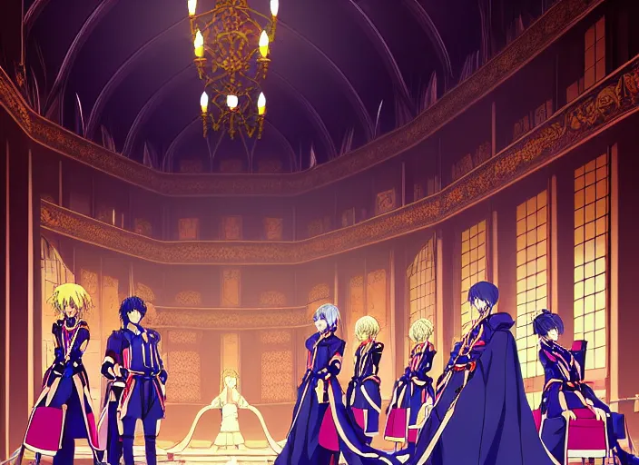 Image similar to key anime visual portrait of a castle's main hall interior with throne, servants, nobles, designed by mika pikazo, dynamic pose, dynamic perspective and angle, cinematic, film grain, detailed, intricate, at night, dramatic lighting, colorful, vivid