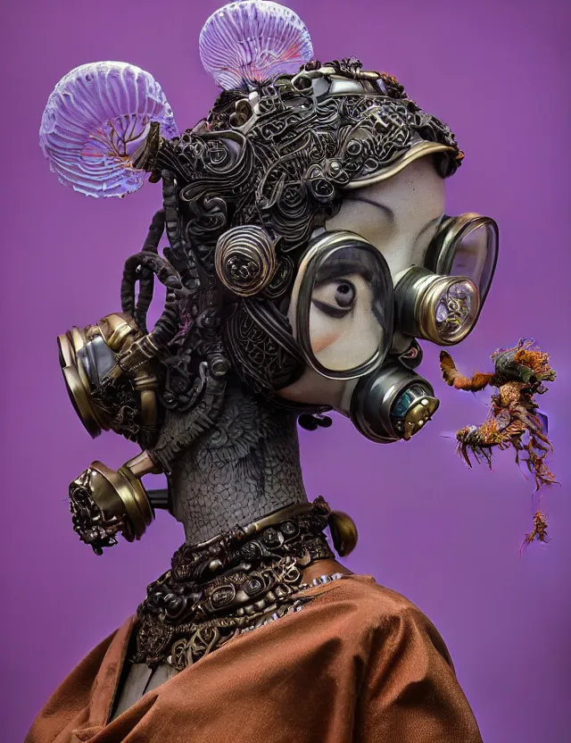 Image similar to 3 d goddess close - up profile portrait with vintage gas mask ram skull. beautiful intricately detailed japanese crow kitsune mask and clasical japanese kimono. betta fish, jellyfish phoenix, bio luminescent, plasma, ice, water, wind, creature, artwork by tooth wu and wlop and beeple and greg rutkowski