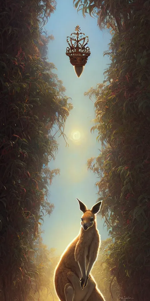 Prompt: Highly detailed portrait of a Kangaroo wearing a Crown, Stephen Bliss, unreal engine, fantasy art by Greg Rutkowski, Loish, Rhads, ferdinand knab, Makoto Shinkai and Lois van baarle, ilya kuvshinov, rossdraws, Tom Bagshaw, alphonse mucha, global illumination, radiant light, detailed and intricate environment