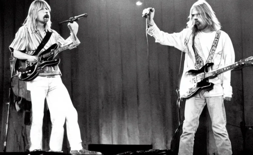 Image similar to kurt cobain and walter white performing on stage, 3 5 mm photograph, 1 9 9 4