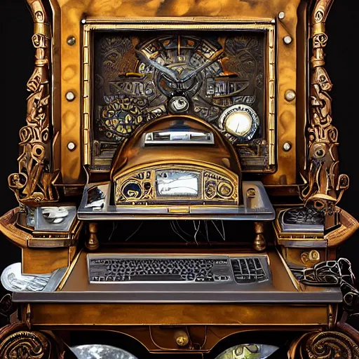 Prompt: front complete view of captain nemo's ornate brass and wood steampunk laptop computer with view of the keyboard, old font style, with glass tubes, monitor with octopus image on it, detailed keyboard, displayed on his antique victorian desk inside the nautilus submarine, retrocore, cyber steampunk 8 k 3 d