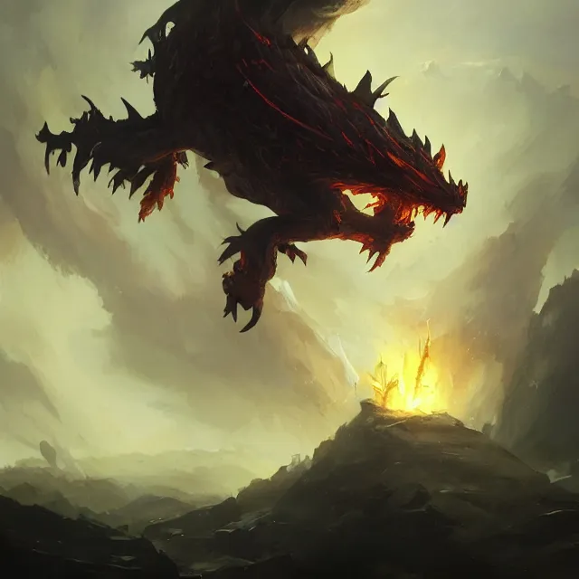 Prompt: a painting of a solar dragon by greg rutkowski, dark fantasy art, high detail, trending on artstation