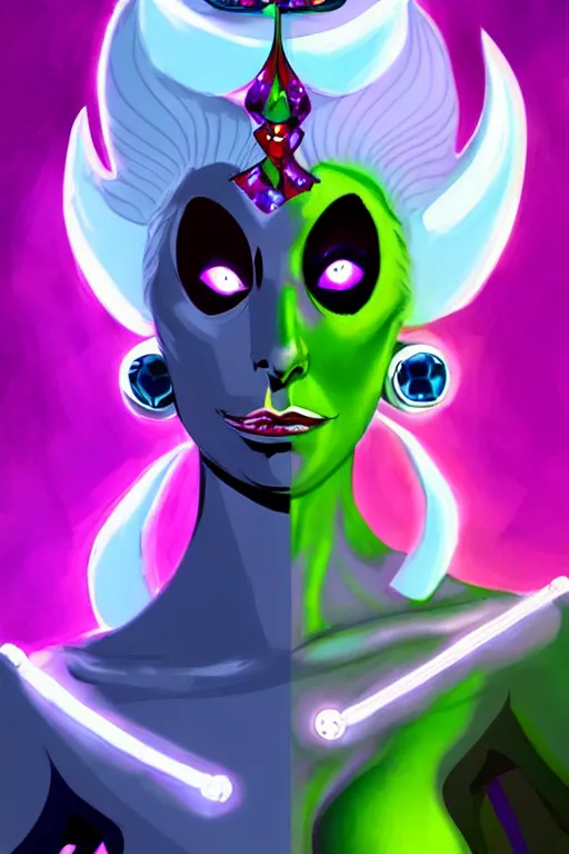 Prompt: lady gaga as queen toxique, an alien supervillainess with mutagenic powers, glowing energy effects, full color digital painting in the style of don bluth, jamie hewlett, artgerm, artstation trending, 8 0 s vibes
