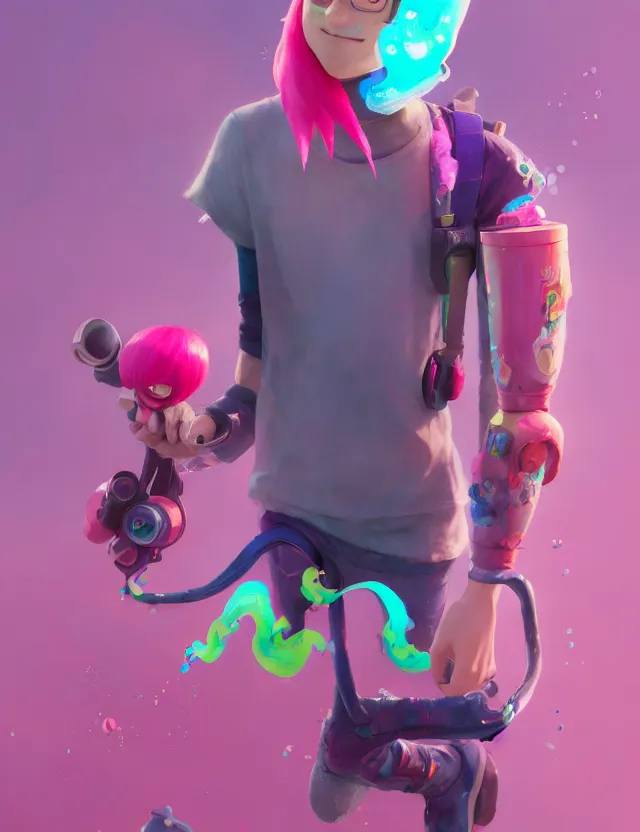 Prompt: a beautiful fullbody portrait of a cute splatoon male inkling with pink hair wearing tshirt leggings under sport shorts. character design by cory loftis, fenghua zhong, ryohei hase, ismail inceoglu and ruan jia. artstation, volumetric light, detailed, photorealistic, fantasy, rendered in octane