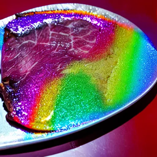 Prompt: a prime unicorn steak. rainbow colored meat with glitter