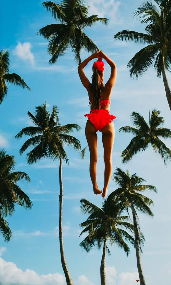 Prompt: A petite girl on her knees raising her hands to the air, wearing a red bikini, in a paradise island, near a realistic giant sea turtle. Well-lit. Few clouds. Few birds in the sky. A monkey in a palm tree. Picture from behind.