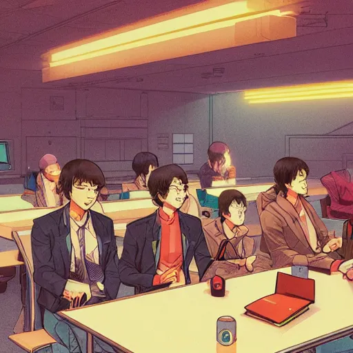 Image similar to a group of people sitting next to each other in a room, concept art by otomo katsuhiro, behance contest winner, retrofuturism, toonami, redshift, official art