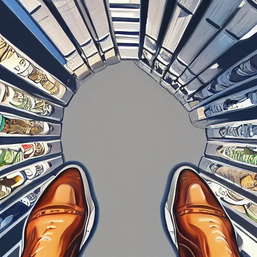 Image similar to 1 st person pov looking down at your shoes, digital art, detailed, trending in artstation