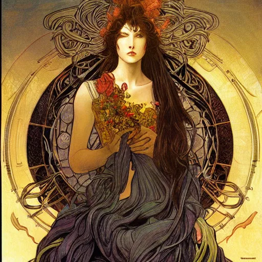 Prompt: a painting in the style of ayami kojima and in the style of jean delville and in the style of alphonse mucha.