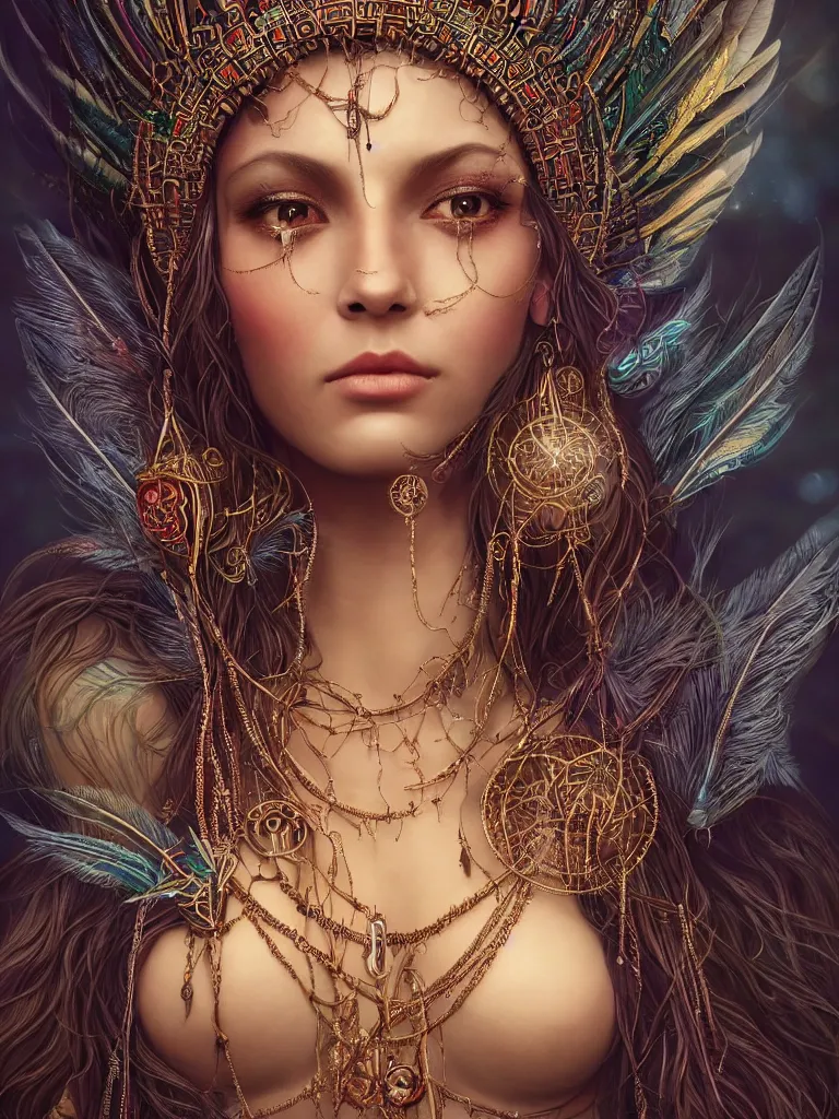 Image similar to a centered render of a single alluring mystical tribal goddess adorned with feathers and gemstones and cables and synthesizer parts is surrounded by sacred geometry made from elven architecture, full body, gorgeous face, perfect face, powerful, cinematic, beautifully lit, by artgerm, by karol bak, 3 d, trending on artstation, octane render, 8 k