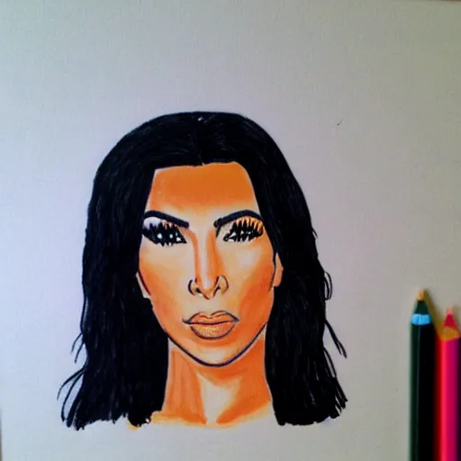 Prompt: Kim Kardashian, poorly drawn in wax crayon by a five-year old