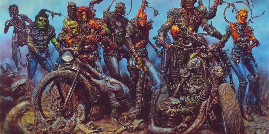 Image similar to psychedelic post apocalyptic orcish biker gang, sharp focus, psychedelic colors, boris vallejo, michael whelan, 8 k, epic scifi fantasy art