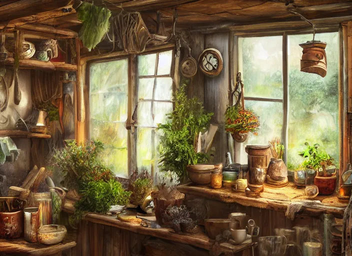 Image similar to rustic oil painting, interior view of a cluttered herbalist cottage, waxy candles, wood furnishings, herbs hanging, light bloom, dust, ambient occlusion, rays of light coming through windows, dim lighting, brush strokes oil painting