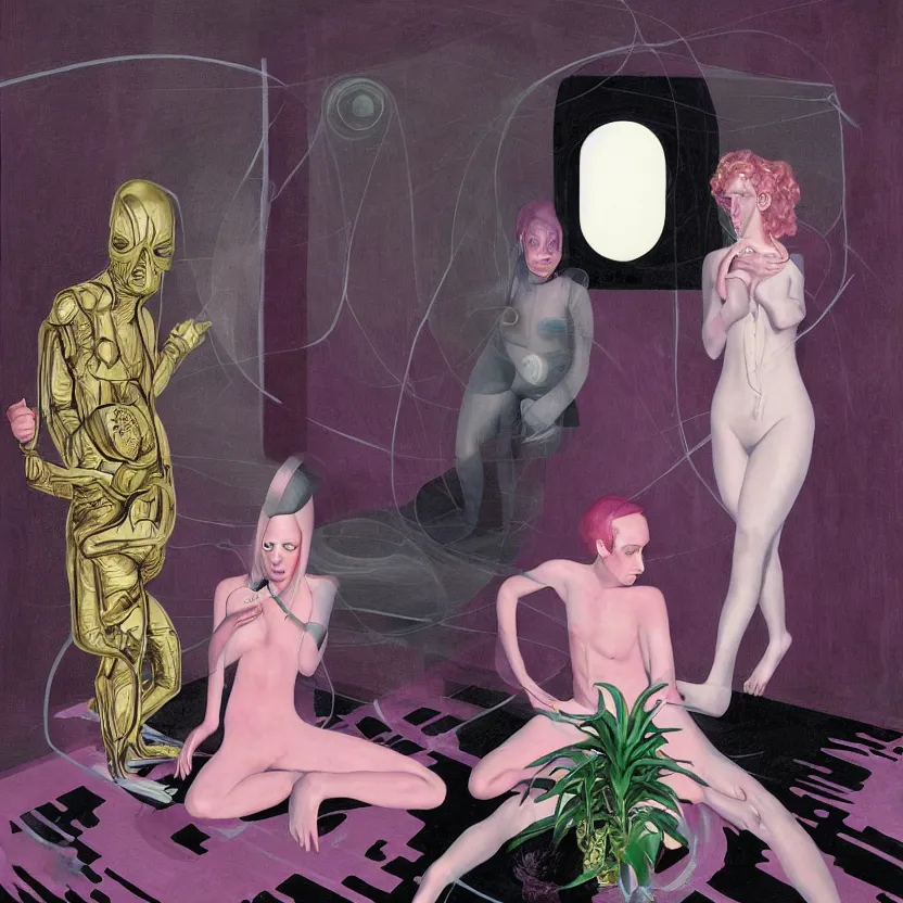 Image similar to One man and one woman attached by love in a living room of a house, floating dark energy surrounds the middle of the room. There is one living room plant to the side of the room, surrounded by a background of dark cyber mystic alchemical transmutation heavenless realm, cover artwork by francis bacon and Jenny seville and martine johanna, midnight hour, part by adrian ghenie, part by jeffrey smith, part by josan gonzales, part by norman rockwell, part by phil hale, part by kim dorland, palette knife texture, smudged paint, muted cold colors, artstation, highly detailed