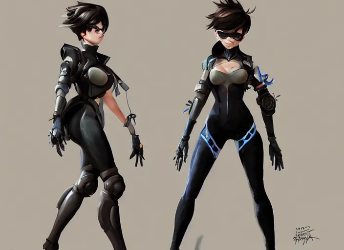 Image similar to a highly detailed beautiful portrait of tracer from overwatch as 2 b nier automata wearing a skintight suit, concept art, by gregory manchess, james gurney, james jean