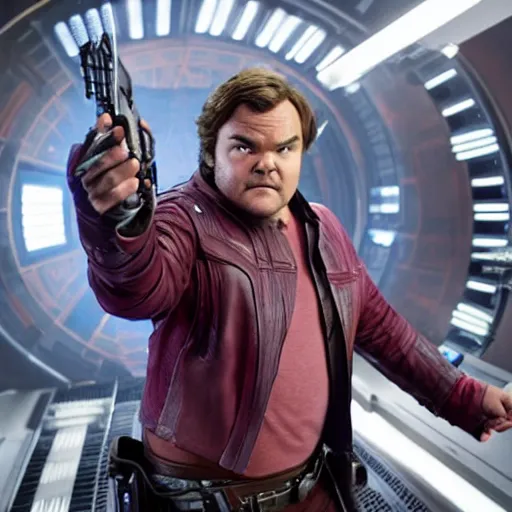 Image similar to film still of Jack Black as Star Lord in Guardians of the Galaxy