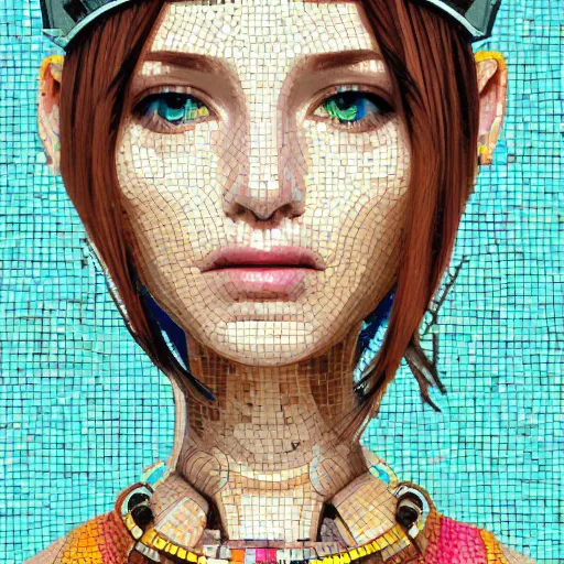 Prompt: mosaic portrait of a beautiful cute girl with robot ears by Saimir Strati, 4k, intricate details, digital, Serial Experiments Lain