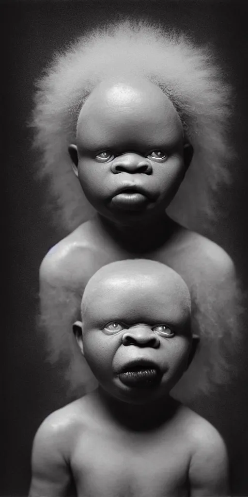 Image similar to award winning photo of african albino baby, dark colors, scary, symmetrical face, beautiful eyes, studio lighting, wide shot art by sally mann & arnold newman & h. r. giger