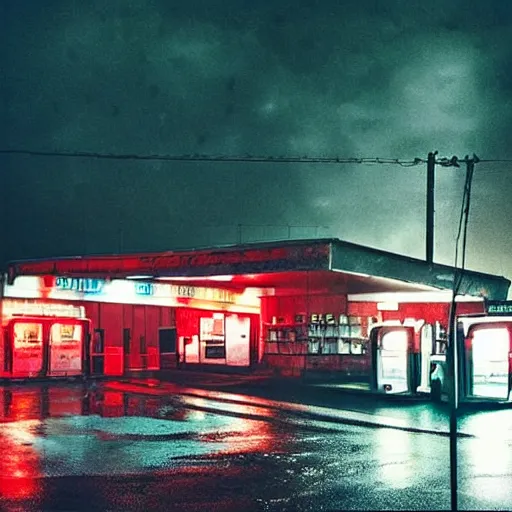 Prompt: “soviet gas station, rain, night, atmospheric lighting, neon glow, lens flare, red lights, digital photography”