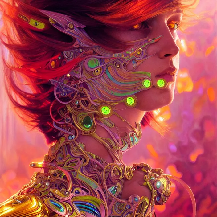 Image similar to bright psychedelic portrait of shiny organic cyborg, wings, diffuse lighting, fantasy, intricate, elegant, highly detailed, lifelike, photorealistic, digital painting, artstation, illustration, concept art, smooth, sharp focus, art by John Collier and Albert Aublet and Krenz Cushart and Artem Demura and Alphonse Mucha