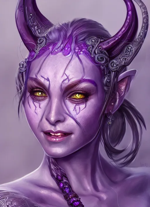 Image similar to purple skin, Tiefling , smiling, beautiful detailed eyes, cute, fantasy, intricate, elegant, highly detailed, digital painting, 4k, HDR, concept art, detailed jewelry, smooth, sharp focus, illustration, by Wayne Reynolds