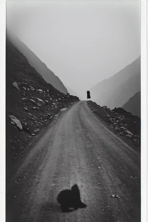 Image similar to photo polaroid of a sad and lonely child in the middle of a mountain road , Nepal,Himalayas, loneliness,,tahr , black and white ,photorealistic, 35mm film,