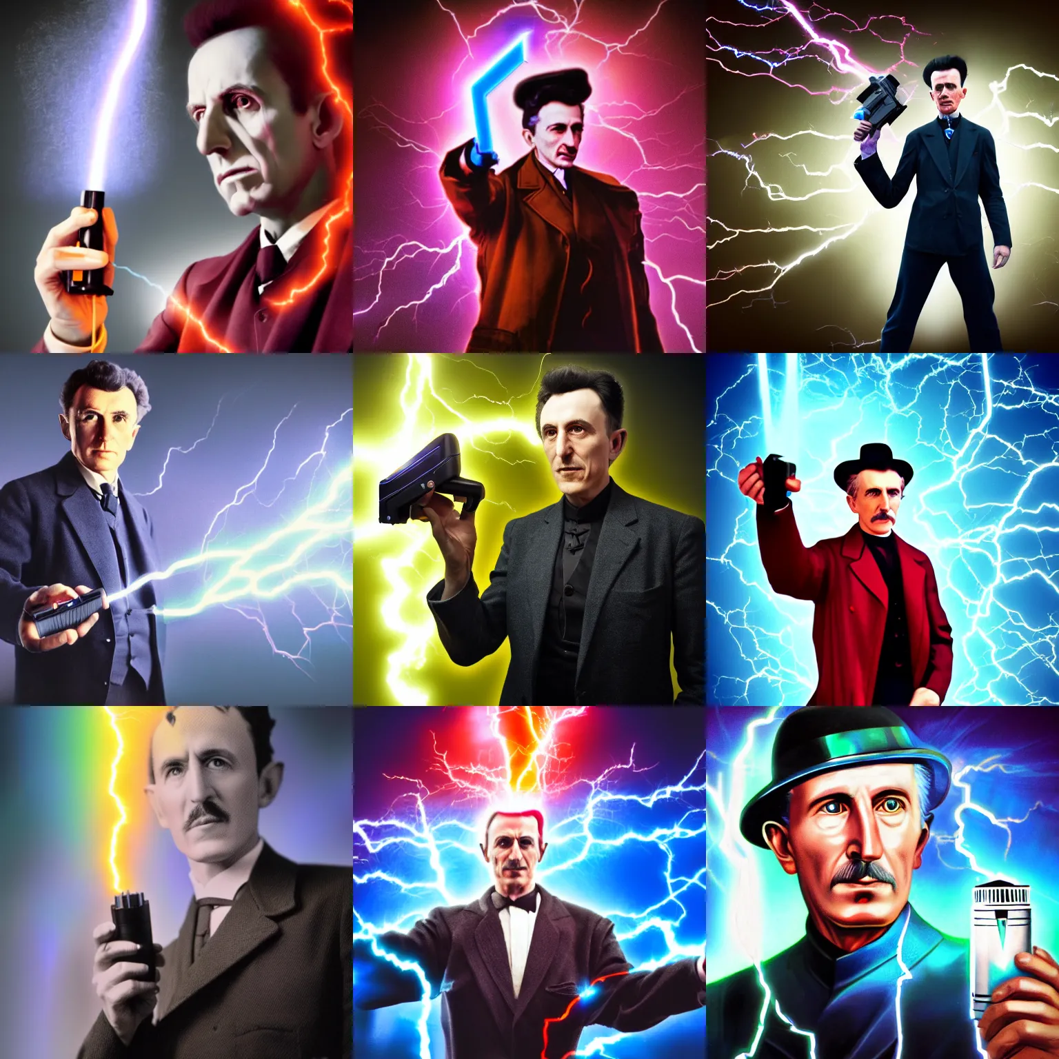 Prompt: color photograph of Nicola Tesla holding a futuristic tesla gun with lightning, tesla coil, futuristic, dynamic lightning, 4k, modern photograph, digital art