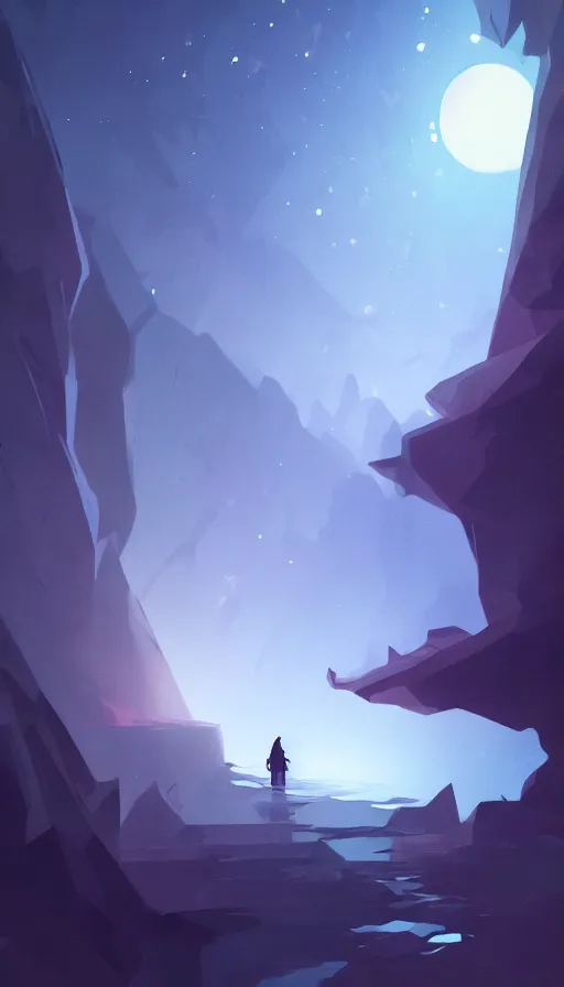 Image similar to concept art by jama jurabaev, cel shaded, cinematic shot, trending on artstation, high quality, brush stroke, lonely crystal cave under moonlight reflection, and the streams are dotted with stars