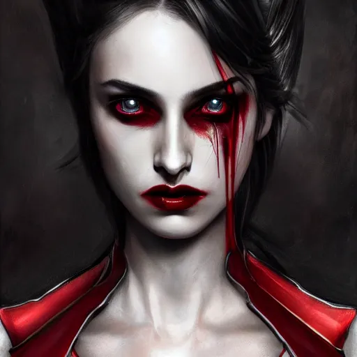 Image similar to beautiful close up portrait vampire, black and red coloured, armor with exposed internals, elegant, detailed. epic cinematic hyperrealism masterpiece. realistic poster with shaded lighting by craig mallismo, artgerm, jeremy lipkin and michael garmash, unreal engine, radiant light, detailed and complex environment, digital art, art station trends, detailed faces, detailed eyes