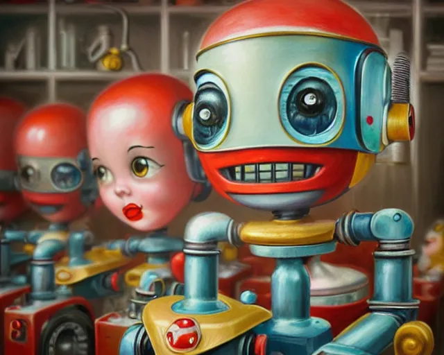 Image similar to closeup profile portrait of a 1 9 5 0 s tin toy robot factory, nicoletta ceccoli, mark ryden, lostfish, max fleischer, hyper realistic, artstation, illustration, digital paint, matte paint, vivid colors, bright, cheerful, detailed and intricate environment