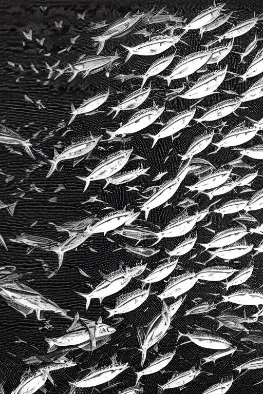 Prompt: a beautiful copper engraving printed on paper of a school of mackerel, 8 k, frostbite 3 engine, cryengine, dof, trending on artstation, digital art, crepuscular ray