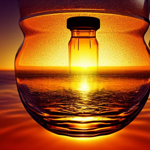 Image similar to a human head in a bottle, on the ocean water, surreal, 3 d art, 3 d render, futuristic, glowing, hyper realistic, ray tracing, realistic water splashes, sharp focus, long shot, 8 k resolution, cinematic, photoshop art