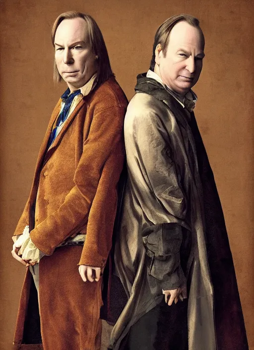 Prompt: portrait of michael mckean and bob odenkirk, baroque portrait, realistic, serious, dark backround