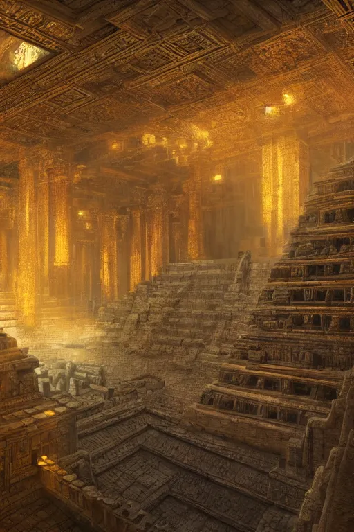 Image similar to inside a majestic aztec temple made of gold, intricate, elegant, volumetric lighting, digital painting, highly detailed, artstation, sharp focus, illustration, concept art, ruan jia, steve mccurry