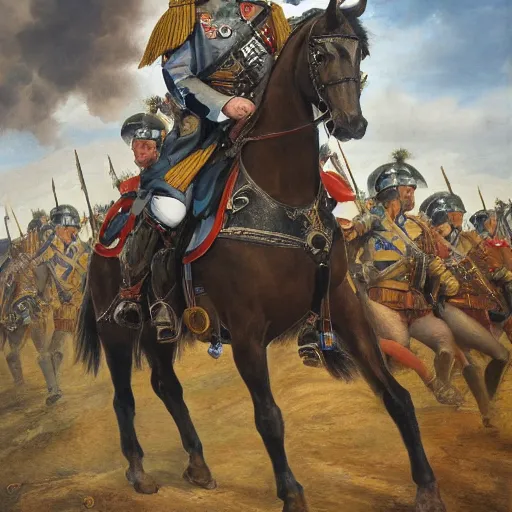 Image similar to general boris johnson leading his men into battle, glorified image, 8k, oil painting, photo realisitc face