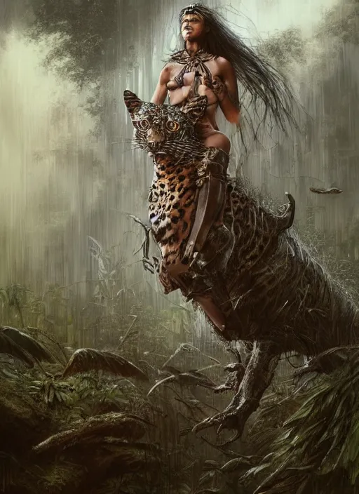 Image similar to a portrait of a very beautiful cute tribal woman riding a mutated jaguar in a post apocalyptic city overgrown with lush vegetation, by Luis Royo, by Greg Rutkowski, dark, gritty, intricate, backlit, strong rimlight, cover illustration, concept art, volumetric lighting, volumetric atmosphere, sharp focus, octane render, trending on artstation, 8k